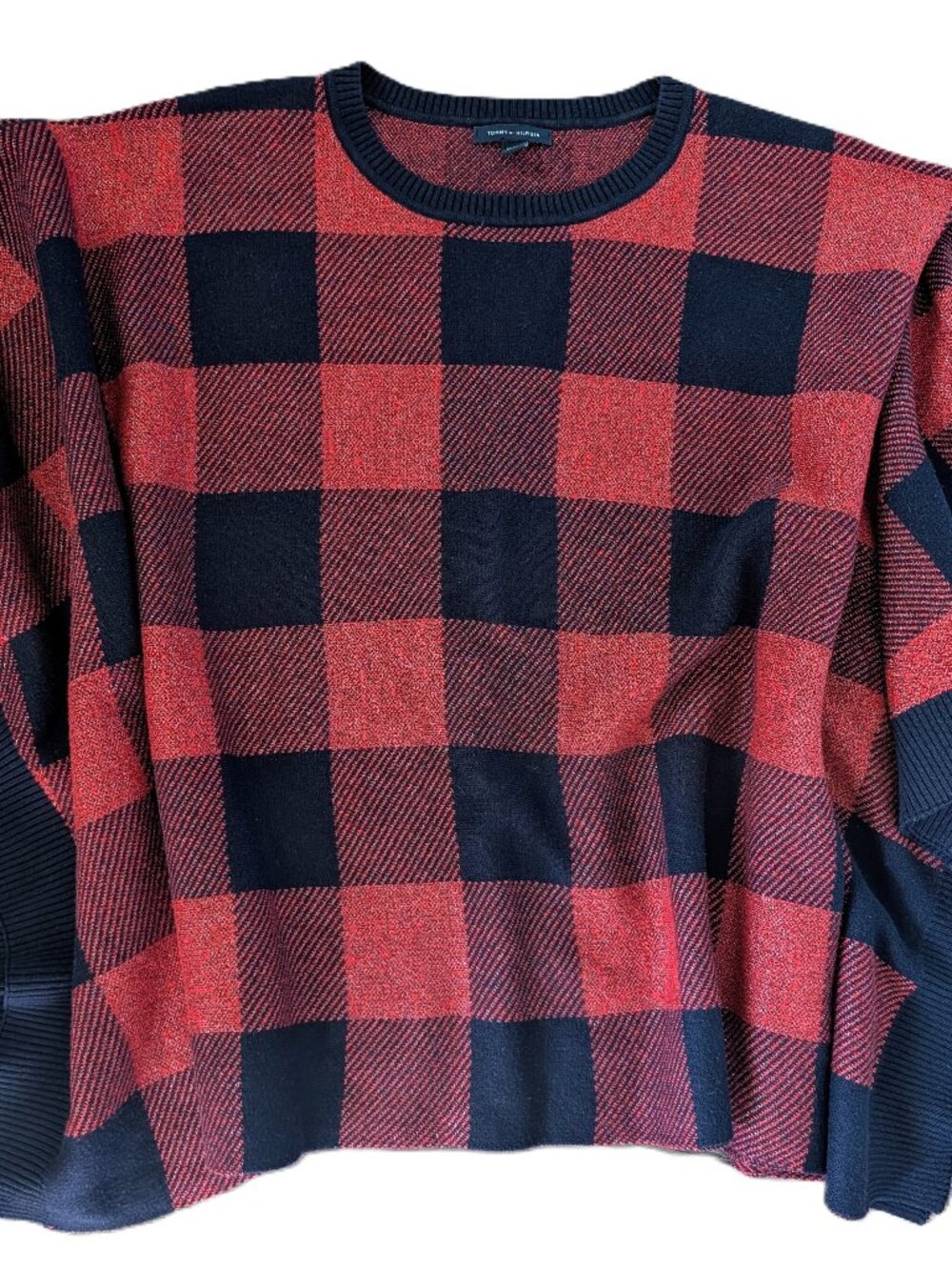 Tommy Hilfiger Plaid Tartan Sweater Red Navy Silver Metallic Poncho Shaw Sz M/L